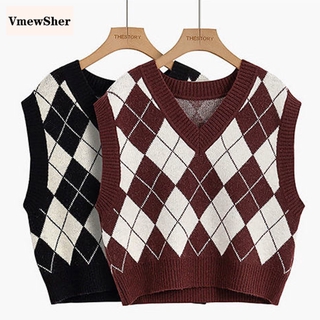 VmewSher New Vintage Autumn Spring Women Sweater Vest Argyle Female Sleeveless Knitted Pullover Elegant Tops