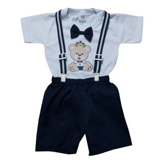 Kit Roupa De Bebê Menino Conjunto Masculino Infantil Ursinho Príncipe Azul C/ Body + Shorts + Suspensório Festa Mesversário