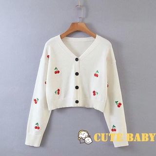 EPHEMERAL-Women Loose Knitwear, Long Sleeves V-neck Single-breasted Cherry Embroidery Cardigan (5)
