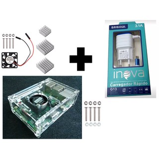 Case Acrílico Para Raspberry Pi3(b)+ Cooler + dissipadores + fonte