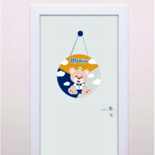 Enfeite Mdf Placa Quarto Porta Maternidade Com Cordinha e Aplique Infantil Bebê 3mm Redonda Urso Princípe