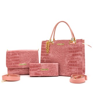 bolsa castelo feminina em croco + bau + carteira rose