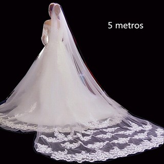Véu de noiva de renda 5 metros com pente em tule francês branco off white