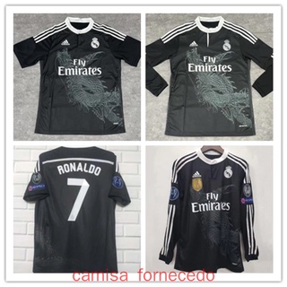 Camisa de futebol retrô 2014-2015 Real Madrid preta mangas compridas