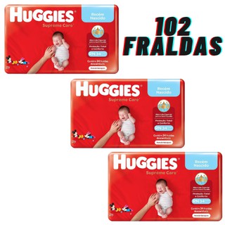 Kit com 3 pacotes de Fralda Huggies RN Supreme Care Recém Nascido (até 4 kilos) 102 unidades no total (1)