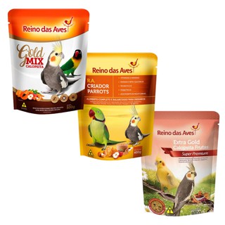 Kit Reino das Aves - Gold Mix de Sementes 500g + Ração Extra Gold Calopsita Frutas 400g + Farinhada R.A Criador Parrots 400g