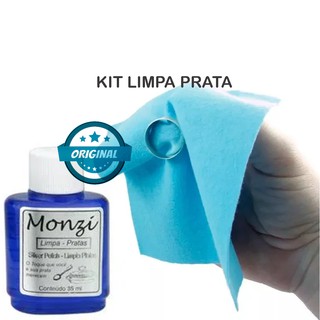 1 Frasco de Limpa Pratas Monzi Original 35ml com 1 Flanela Magica para polimento apos a limpeza de prata, folheado ou joia (1)