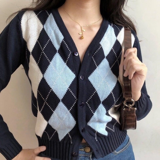 Plaid Knitted Sweaters Women Vintage Single Breasted Long Sleeve Cardigans Fashion Fashionable
