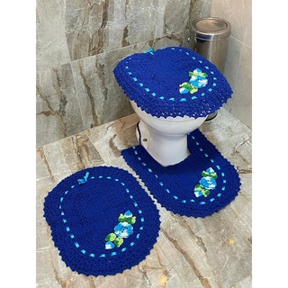 Tapete De Crochê Para Banheiro Jogo Com 3 peças Bordado Azul (1)