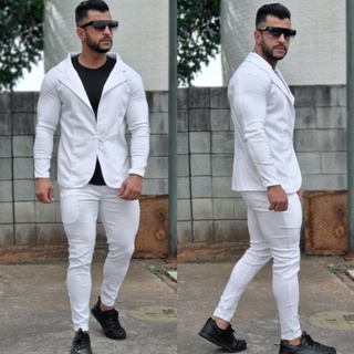Conjunto Blazer Branco Bengaline Masculino Calça e Blazer com Elastano 1 Botão Esporte Fino