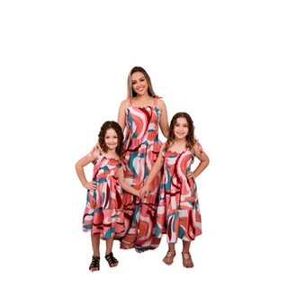 Vestido Tal Mae Tal Filha Kit 3 Vestidos (1 ADULTO + 2 INFANTIL) + Laço Brinde (2)