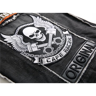 colete jeans punk masculino patch bordado costura crânio pregado colete crachá preto motocicleta jaqueta sem mangas (6)
