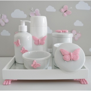 Kit Higiene Bebê Promoção Borboletas Rosa Porcelanas Mini Térmica Banho Cuidado Bancada Quarto Liquida Promoção