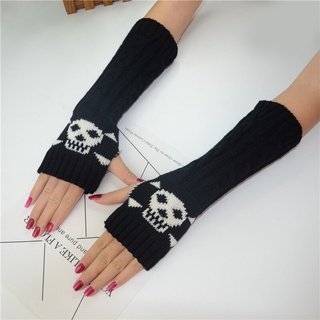 Punk EMO Style Streetwear Women Wrist Arm Warmer Knitted Long Fingerless Gloves Black Mitten Halloween Cross Gloves Dark Moon (7)