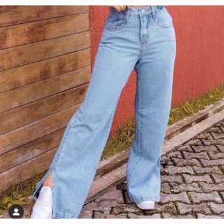 Calça Jeans feminina Pantalona Wide Leg Moda blogueiras aberta lateral perna
