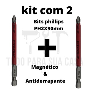 Kit com 2 Bits Phillips Para Parafusadeira PH2x90MM Ponta Magnética e Antiderrapante - Torque Alto