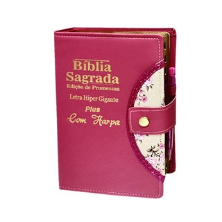 Bíblia Sagrada Letra Hiper Gigante - Pink - Botão e Caneta Revista e Corrigida - 14x21cm