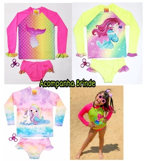 Conjunto de Biquíni Infantil com Blusa Proteção Solar UV 50+ Sereia Unicórnio Praia Piscina Natação Menina Infantil- Tamanho 1 ao 12