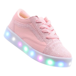 Sapato Tenis de Menina com Luzes de Led Colorida que Pisca Rosa Glitter Infantil bebe Juvenil