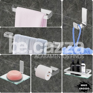 Kit de Acessórios para Banheiro 6 Peças com Porta Shampoo Reto Aste Quadrada Polido Cromado Luxo - Premium