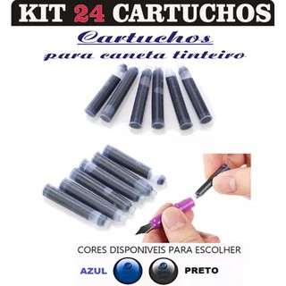 Kit 24 Cartuchos Tinta Carga Caneta Tinteiro Azul - Preto