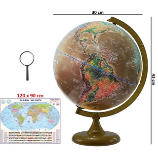Globo Terrestre Político Histórico Satélite 30cm Diâmetro e 43cm Altura + Mapa Mundi Gigante + Lupa