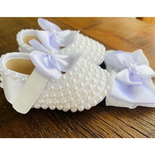 Sapatinho Luxo bebê pérolas batizado + faixa de cabeça menina sapato sapatilha calçado festa