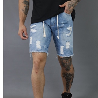 Bermuda Jeans Rasgada Masculina Curta Com Cinto De Corda (1)