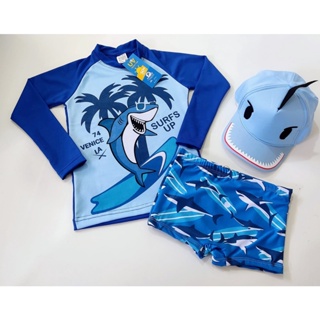 Conjunto Sunga Infantil + Camisa UV + BONÉ para Meninos Proteção Solar Criança Praia (1)