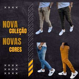 Kit 3 Calças Jogger Sarja e Jeans Masculina Com LYCRA Camuflada Jeans e Preta Com Elástico e Cordão (4)