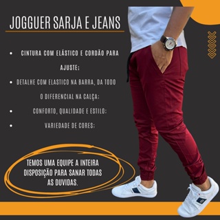 Kit 3 Calças Jogger Sarja e Jeans Masculina Com LYCRA Camuflada Jeans e Preta Com Elástico e Cordão (3)