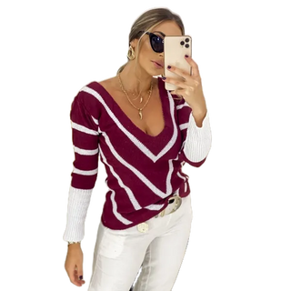 Blusa Feminina Gola V com listras e punho Tricot Trico Moda Inverno Instagram (1)
