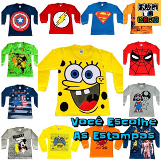 Camiseta Infantil Personagens Heróis Camisa Menino Promoção Blusa Manga Longa infantil Bob Esponja, Sonic, Hulk, Mario (1)