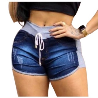 Shorts Feminino Jeans com moleton lateral disponível em lavagem jeans claro e escuro bolso traseiro com elastano possui elástico na cintura e cordão