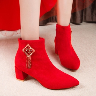 Bota Feminina Vermelha / Bordada / Estilo Chinês / Sapatos De Casamento Com Borlas / Estilo Étnico / Salto Alto (5)