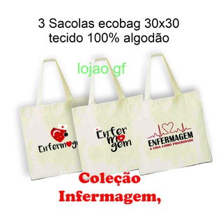 3 Sacolas Ecobag em algodão cru natural, coleção enfermagem