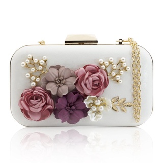 Women Clutches Flower Leather Envelope Pearl Evening Handbag(white)