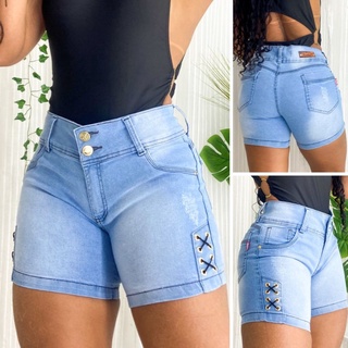 Short Jeans Feminino Cintura Alta Meia Coxa Detalhe em Ilhós com Lycra Pedalete Jeans Bermuda Feminina modelo Cilista 2022