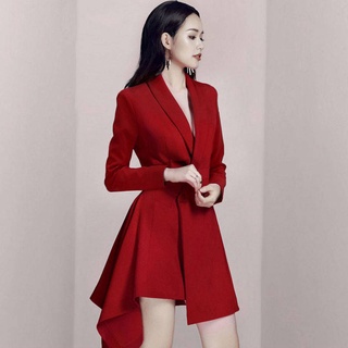 vestido de noite das senhoras vestir saia longa Vestido de manga comprida vermelho pequeno vestido terno vestido de moda das mulheres cintura alta elegante primavera e outono estilo coreano irregular