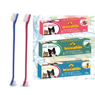 Pasta de Dente Gel Dental para Pets Brincalhão - Combate o Mau Hálito de Cachorros e Gatos - 60g + 2 Escovas Dental Dupla