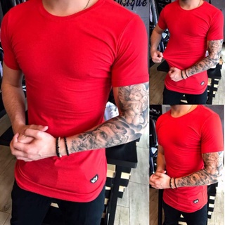 Camiseta masculina longline lisa com elastano viscolycra camisa básica long justa no corpo masculino