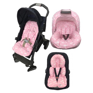 Kit 6 peças colchonete para carrinhos, capa acolchoada para aparelho bebê conforto, almofada ajuste e protetores para cinto cor rosa céu