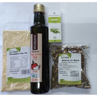 Kit vinagre orgânico oleo essencial de alecrim gengibre cha arnica