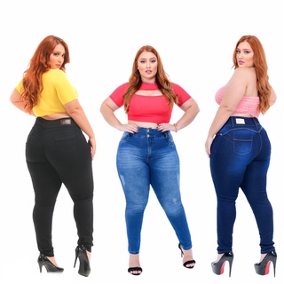 kit de 3 clças jeans plus size femininas com lycra modelo empina bum bum