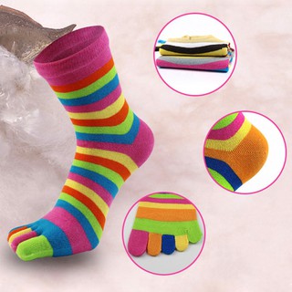 6 Pairs Women Cotton Five Finger Socks Rainbow Striped Toe Separated Hosiery (4)