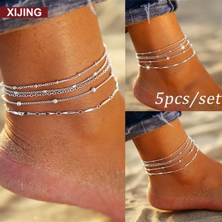 5pçs / Conjunto Tornozeleira De Prata Com Corrente Para Tornozelo | 5pcs/set Silver Ankle Bracelet Sandal Foot Chain Beach Anklet Jewelry