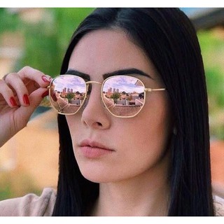 Óculos de Sol Hexagonal Retro Rosa Espelhado Moda Feminina Proteção Uv-400 Verão Moderno Fashion Blogueira Vintage