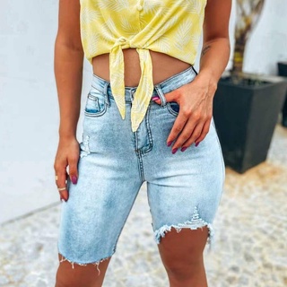 Bermuda Feminina Jeans Lycra Com Elastano Até o Joelho Cintura Alta # M-602