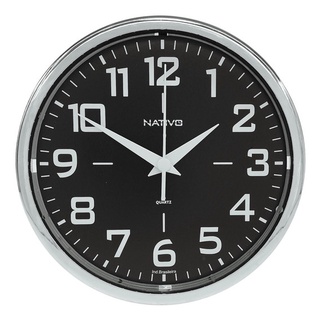 Relógio de Parede Redondo Preto Metalizado Cromo Nativo 22cm