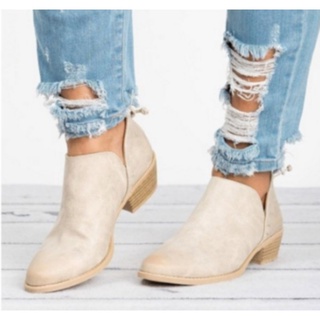 Women Autumn Solid Leather Ankle Boots Cut-out Low Heel Round Toe Back Zipper Casual Boots Non-slip Short Bootie